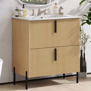 ORRD 30" Bathroom Vanity with Fluted Front, Ceramic Sink, Soft Close Full-Extension Drawers, Natural Finish - 1 of 4
