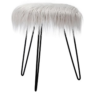 BirdRock Home Round Faux Fur Foot Stool Ottoman - Grey with Black Legs - 1 of 4