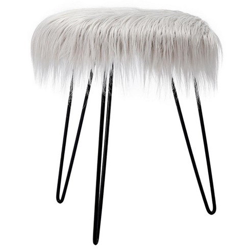 Birdrock Home Faux Fur Foot Stool Ottoman with Wood Legs - White