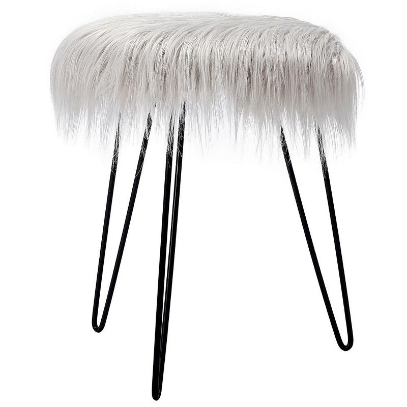 BirdRock Home Round Faux Fur Foot Stool Ottoman - Grey with Black Legs, 1 of 5