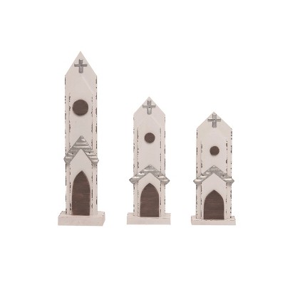 Transpac Wood 12 in. White Spring Flat Church Set of 3