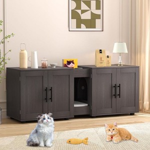 coucheta 55" Cat Litter Box Enclosure Furniture, Hiddden 3-IN-1 Wooden Cat Litter Cabinet with Barn Door & Double Rooms - 1 of 4