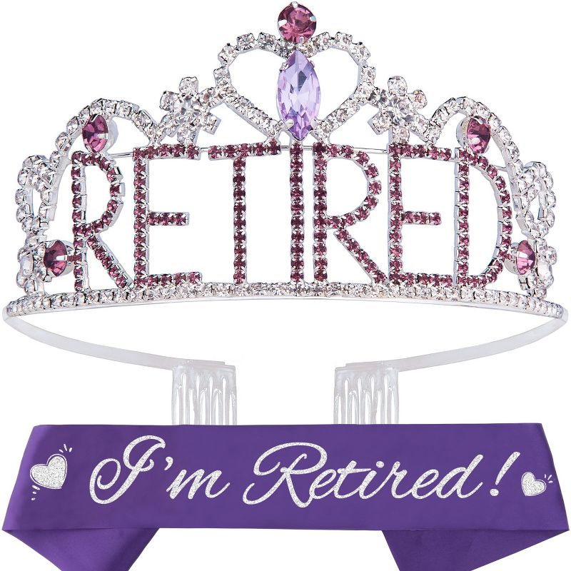 DoraDreamDeko Retirement Party Decorations Set - Glitter Sash + Purple Rhinestone Tiara Crown - Purple, 1 of 4