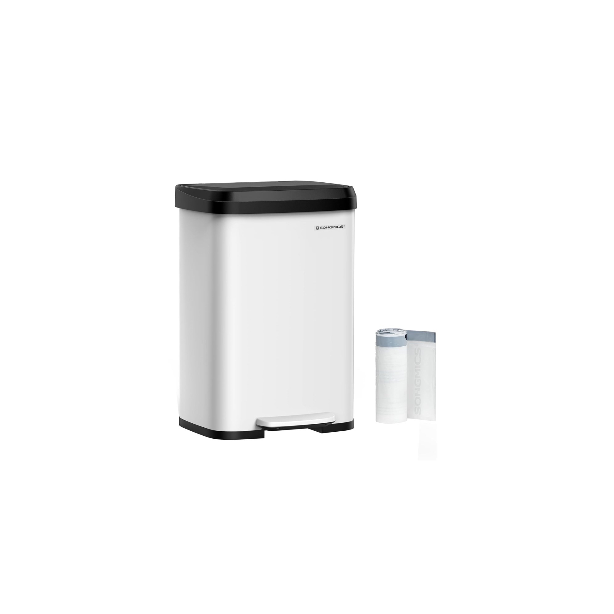 SONGMICS 13 Gallon Kitchen Trash Can Stainless Steel Garbage Can Recycle Bin with Stay-Open Lid and Step-on Pedal, White