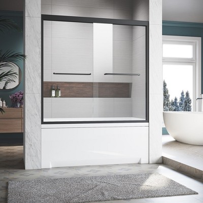Semi-Frameless Double Sliding Tub Door, 56"-60" Width, 57" Height, Transparent Tempered Glass Shower Doors, Stainless Steel Double Handles