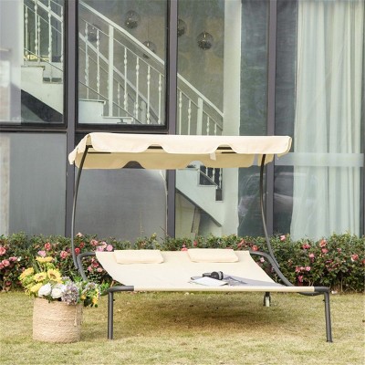 CAVINAS Folding Bed Beach Chair with Wheels & Headrest Pillows,Adjustable Canopy Lounge Chair for Outdoor,Lawn,Backyard