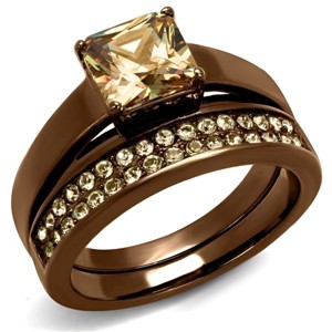 Slickblue Women's 2-Piece Ring Set – Champagne Square CZ with Clear Accent Band, IP Coffee Finish, Size 5–10 - 1 of 4