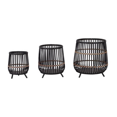 VisioGear Planters, 3PCS Round Planter Bamboo Footed Planters, Plant Pots for Hall, Living Room, Black, 17"*17"*19"