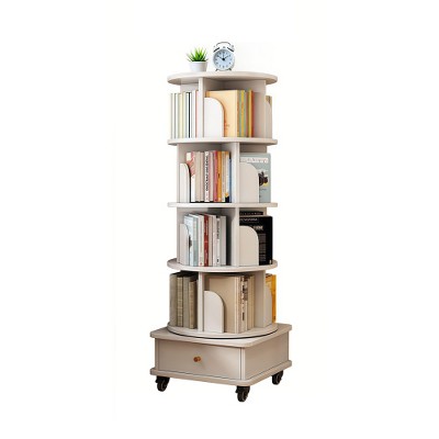 LIVAREEmlen 5 Tier Rotating Bookshelf,360° Display Round Spinning Bookshelf with Wheels, Space-Saving,Small Space Rotating Bookshelf Tower,White