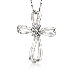 Ross-Simons 0.10 ct. t.w. Diamond Ribboned Cross Pendant Necklace in Sterling Silver - 1 of 4
