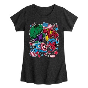 Girls' - Marvel - Avengers America Stickers Style Fitted Short Sleeve Graphic T-Shirt - 1 of 4