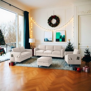 Mjkone 78" Linen Sectional Couches Set , 3-Seater Sofa with Storage Ottoman and Loveset Sofa and Armchair - 1 of 4