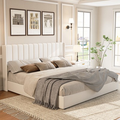 AMERLIFE Lift Up Storage Bed Frame with Vertical Channel Tufted Headboard and Wingback