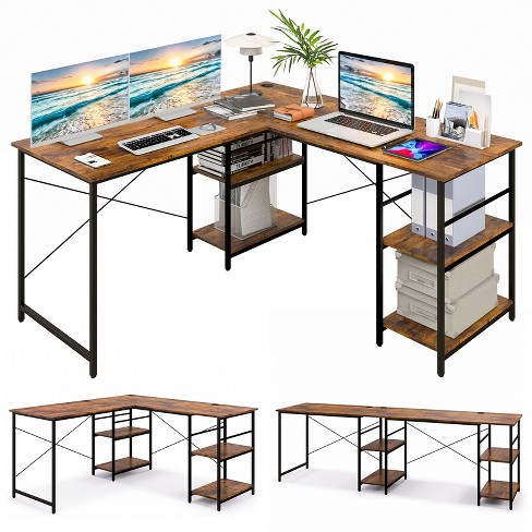 Costway L-Shaped Reversible Computer Desk 2-Person Long Table w/Monitor  Stand Rustic Brown