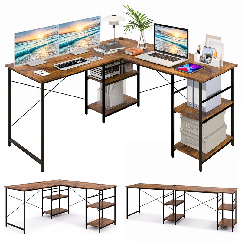 Tangkula Large L-shaped Computer Desk 60” Convertible Corner Desk with 4 Storage Shelves 95” 2-Person Long Study Writing Workstation Black/Rustic Brown/Natural/Grey, 1 of 11