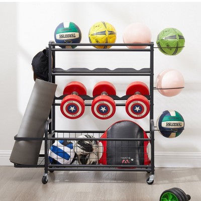 Garage Sports Equipment Organizer, Ball Cart w/Baskets, Hooks, 4-Tier Metal Storage Organizer, Rolling Storage Cart for Home Garage Sports Facilities