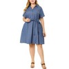 Women's Plus Size Relaxed Fit Buttons Belted Short Sleeves Chambray Shirtdress - Agnes Orinda - 2 of 4