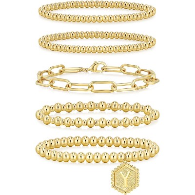 adoyi Gold Bracelets for Women Waterproof, 14K Gold Plated Beaded Strand Bead Ball Bracelets stack