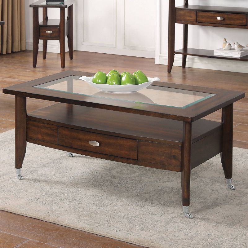 HOMES: Inside + Out 44&#34; Stardrift Transitional 1 Drawer Coffee Table with Shelf and Glass Top Dark Walnut, 3 of 9