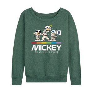 Women's - Disney - Mickey Universe Calling Lightweight French Terry Wide Neck Long Sleeve Shirt - 1 of 4