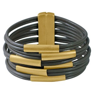 Zirconite Multi-Strand Genuine Leather Cuff Bracelet with Tube Bars - Gold/Light Brown, Women