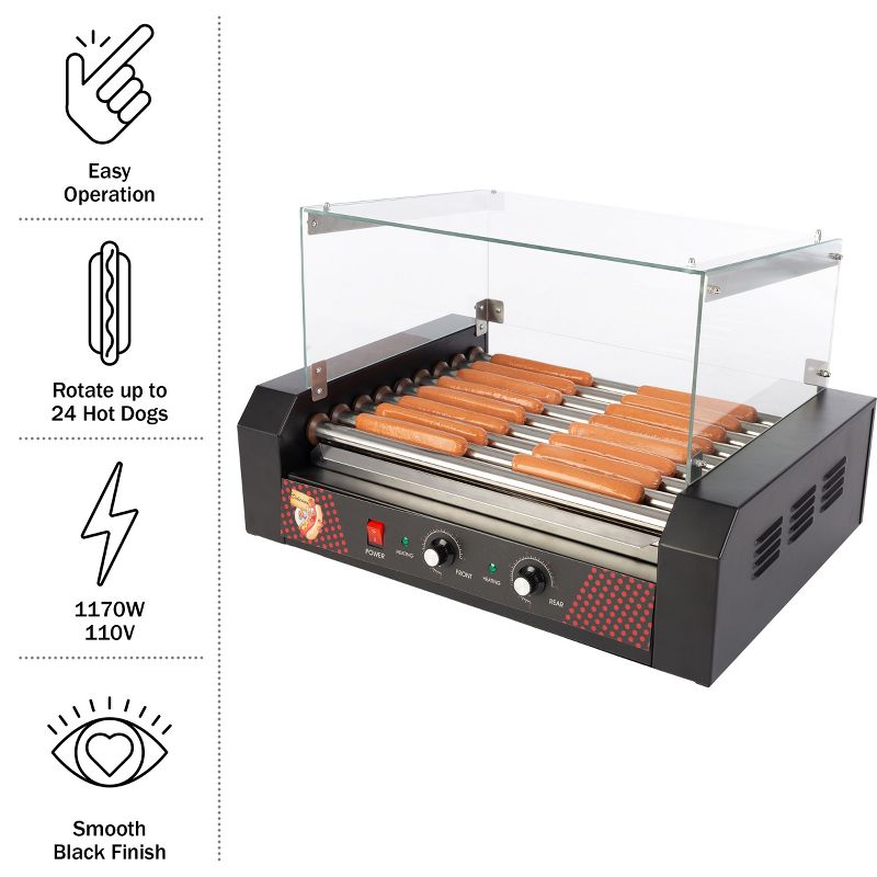 Great Northern Popcorn Hot Dog Roller Machine with Cover & Drip Tray – 1170W Stainless-Steel Cooker with 9 Rollers – 24 Hotdog Capacity Electric Grill, 5 of 13