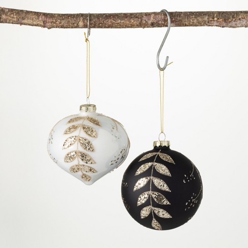 4H Sullivans Glittered Leaf Ornament - Set of 2, Black Christmas Ornaments