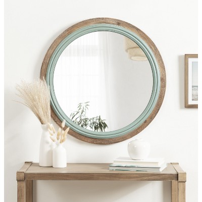 Rustic Blue and Brown Round Wood Bathroom Vanity Mirror