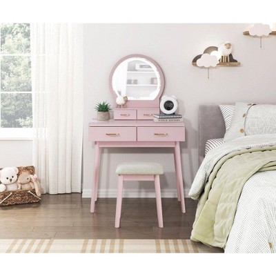 NicBex 31.5" Makeup Vanity Desk with Mirror and Stool,Retro Makeup Table with Storage Drawers for Bedroom,Pink