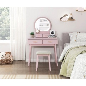 NicBex 31.5" Makeup Vanity Desk with Mirror and Stool,Retro Makeup Table with Storage Drawers for Bedroom,Pink - 1 of 4