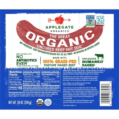 Applegate Grassfed The Great Organic Uncured Beef Hot Dog - 10oz