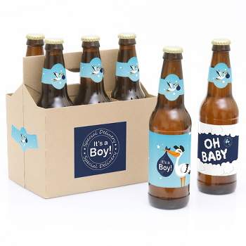 Big Dot of Happiness Boy Special Delivery - Blue It's A Boy Stork Baby Shower Decorations for Women & Men - 6 Beer Bottle Label Stickers & 1 Carrier