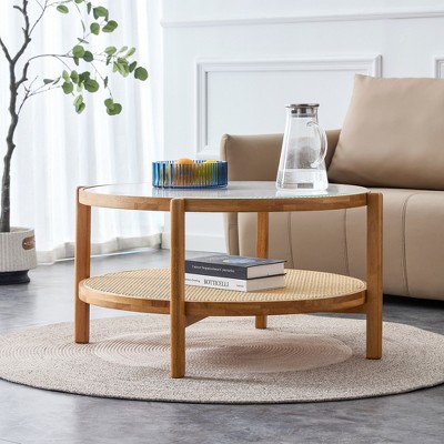 VYNXARIA Modern Circular Double-Layer Solid Wood Coffee Table with Rattan Weave