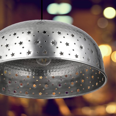 Silver Dome Pendant Light with Star Cutouts, Adjustable Height