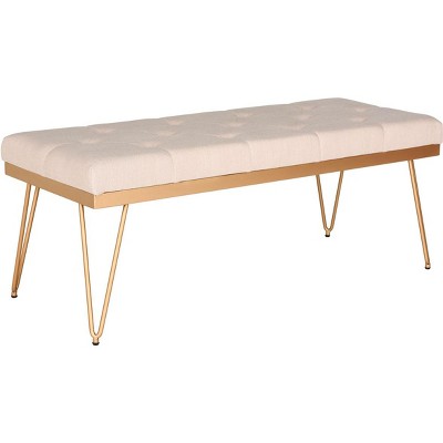 Marcella Beige Linen Upholstered Bench with Gold Hairpin Legs
