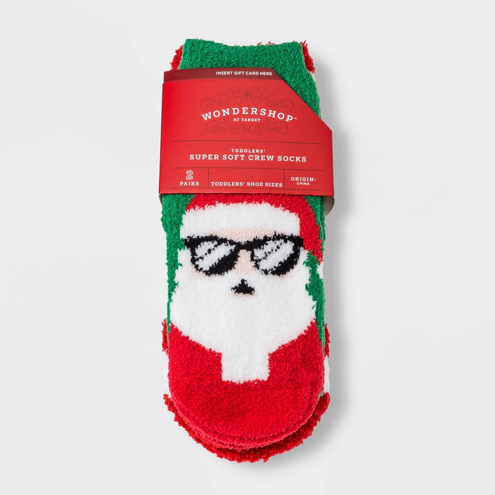Toddler 2pk Cool Santa Cozy Crew Socks with Gift Card Holder - Wondershop Green 2T-3T