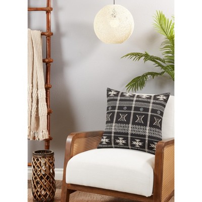 Black Embroidered Mudcloth Square Throw Pillow with Down Filling