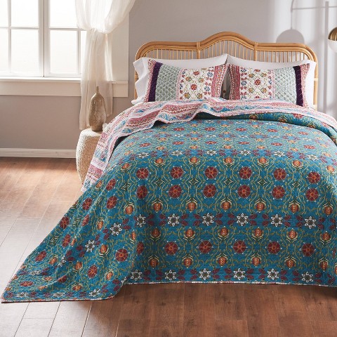 Greenland Home Fashions 3pc Jumbo Queen Thalia Quilt Bedding Set Blue: Cotton Microfiber, Abstract Pattern, Includes Shams