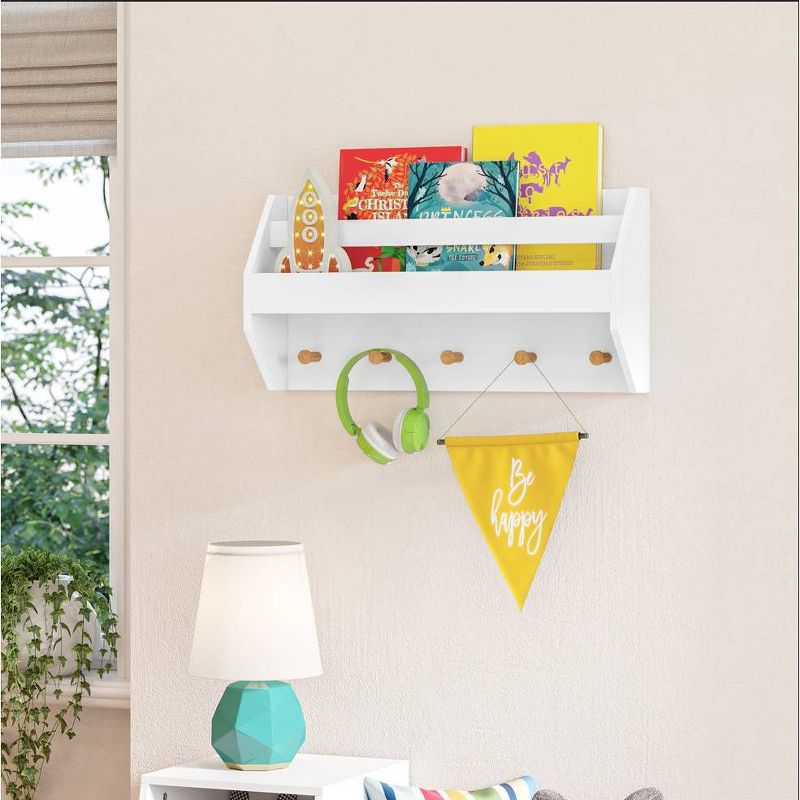 Kids&#39; Catch-All Wall Shelf with Bookrack and Hooks White - RiverRidge Home, 5 of 8