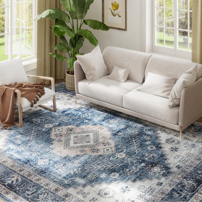 HOMCOM 8x10 Area Rug, Vintage Machine Washable Rug, Non-Slip Floor Carpet for Living Room, Bedroom, Dining Room, Home Office, Blue