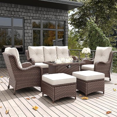 LayinSun Outdoor Patio Furniture Set, Brown Rattan Wicker Sectional Swivel Rocker Chairs Sets with Ottomans, Swivel Glider Chair