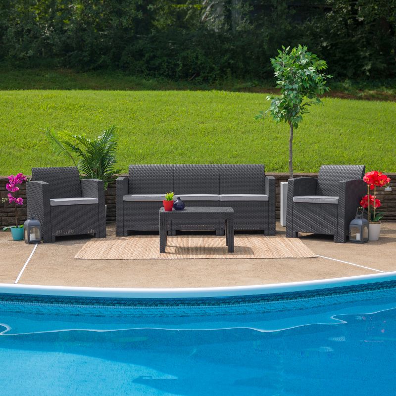 Flash Furniture 4 Piece Outdoor Faux Rattan Chair, Sofa and Table Set, 3 of 5