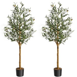 Artificial Olive Tree Tall Faux Silk Olive Trees Decor Indoor Fake Potted Tree with Natural Wood Trunk and Lifelike Fruits 2 Pack - 1 of 4