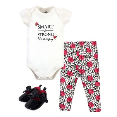 Image of Little Treasure Baby Girl Cotton Bodysuit, Pant and Shoe 3pc Set, Leopard Rose, 6-9 Months