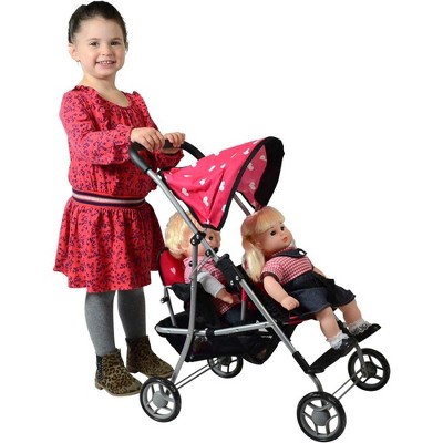 Pink Hearts Twin Doll Stroller with Large Canopy