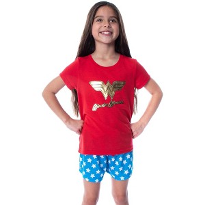 DC Comics Girls' Wonder Woman Gold Foil Logo Shirt and Shorts Pajama Set WW Logo - 1 of 4
