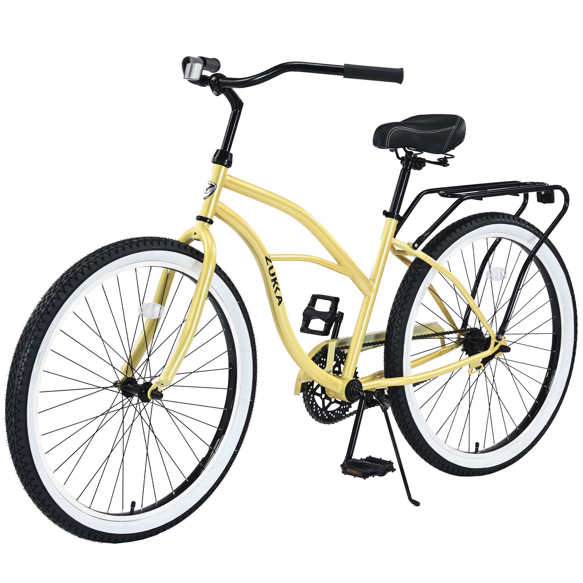 PAGED 26 Inch Beach Cruiser Bike for Women, Single Speed Bicycle with Steel Frame, Wide Stable Wheels, Rear Coaster Brake, Yellow