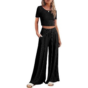 Ekouaer Women's 2 Piece Lounge Sets Short Sleeve Pajama Set Ribbed Knit Crop Top Wide Leg Pants Loungewear - 1 of 4