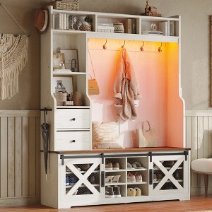 AMERLIFE 7-in-1 Farmhouse Hall Tree with Bench and Shoe Cabinet, LED Entryway Organizer with Drawers - 1 of 4