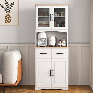 ORRD White Wooden Kitchen Cabinet with Glass Doors, Pantry Storage Microwave Stand with Drawer, Adjustable Shelves and Anti-Tip Device - 1 of 4